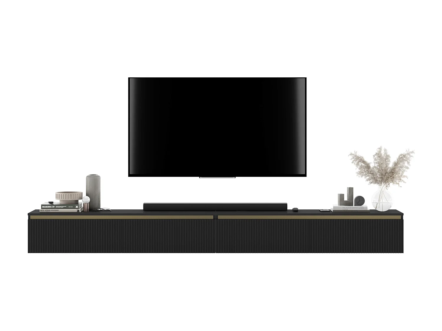 Meuble TV suspendu avec 4 portes - Corps Noir mat, façades rainurées Noir mat - 280 cm