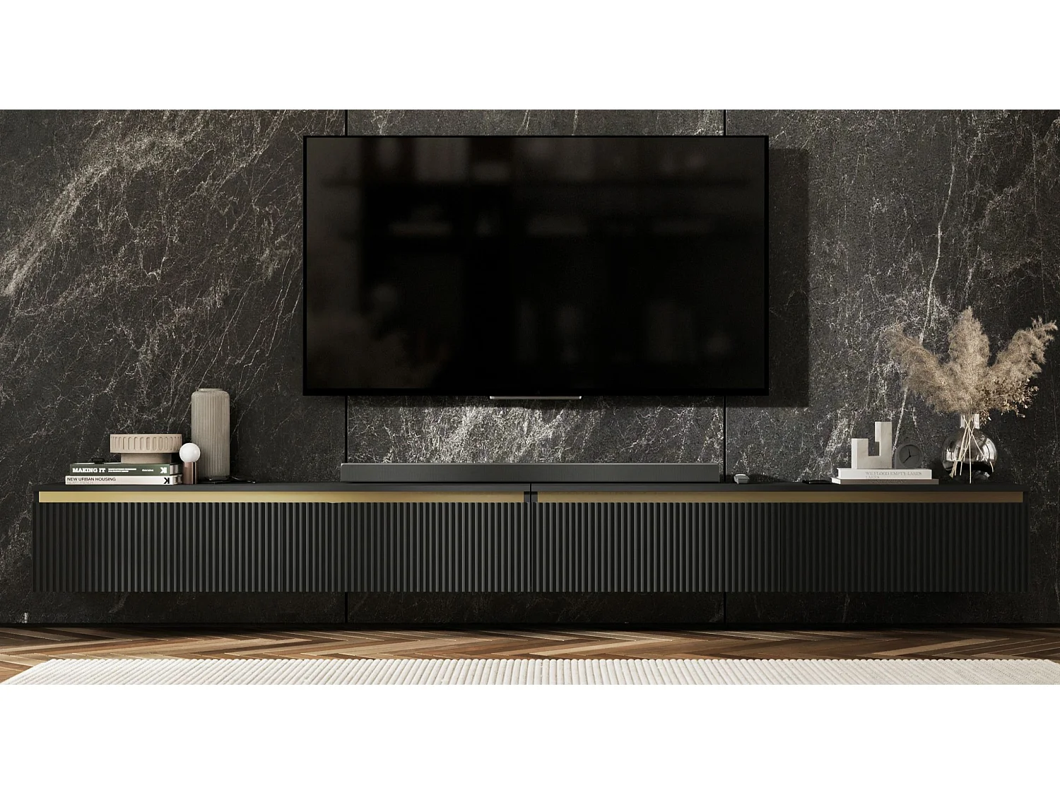 Meuble TV suspendu avec 4 portes - Corps Noir mat, façades rainurées Noir mat - 280 cm