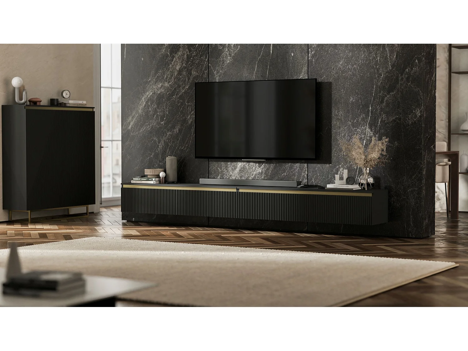 Meuble TV suspendu avec 4 portes - Corps Noir mat, façades rainurées Noir mat - 280 cm