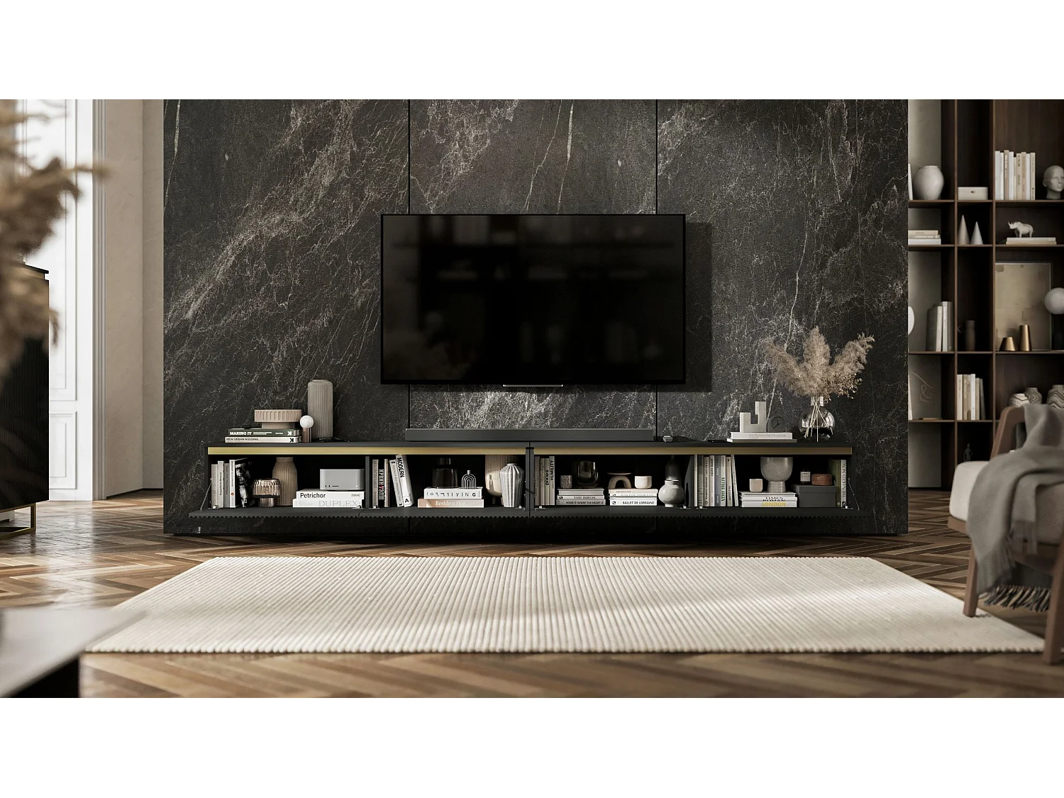 Meuble TV suspendu avec 4 portes - Corps Noir mat, façades rainurées Noir mat - 280 cm