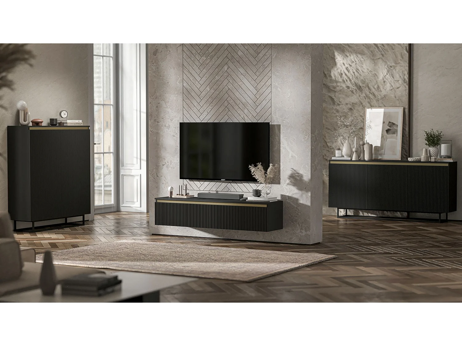 Meuble TV suspendu avec 4 portes - Corps Noir mat, façades rainurées Noir mat - 280 cm