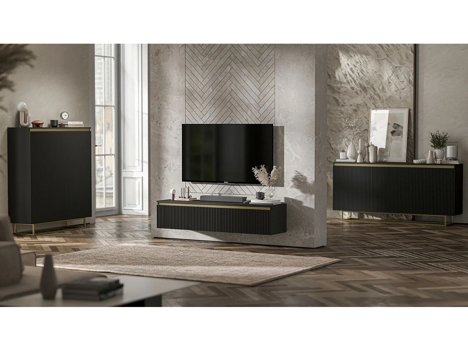 Meuble TV suspendu avec 4 portes - Corps Noir mat, façades rainurées Noir mat - 240 cm