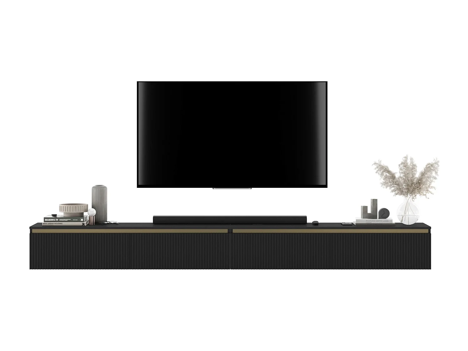Meuble TV suspendu avec 4 portes - Corps Noir mat, façades rainurées Noir mat - 240 cm