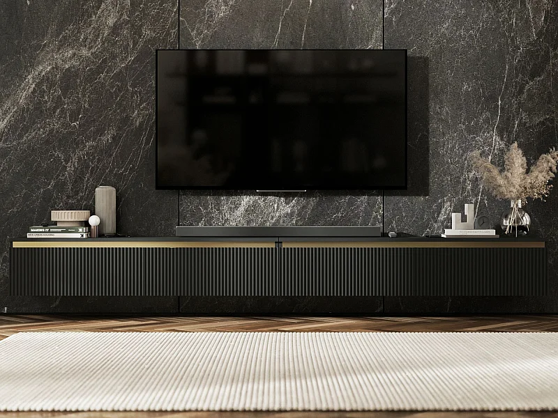 Meuble TV suspendu avec 4 portes - Corps Noir mat, façades rainurées Noir mat - 280 cm