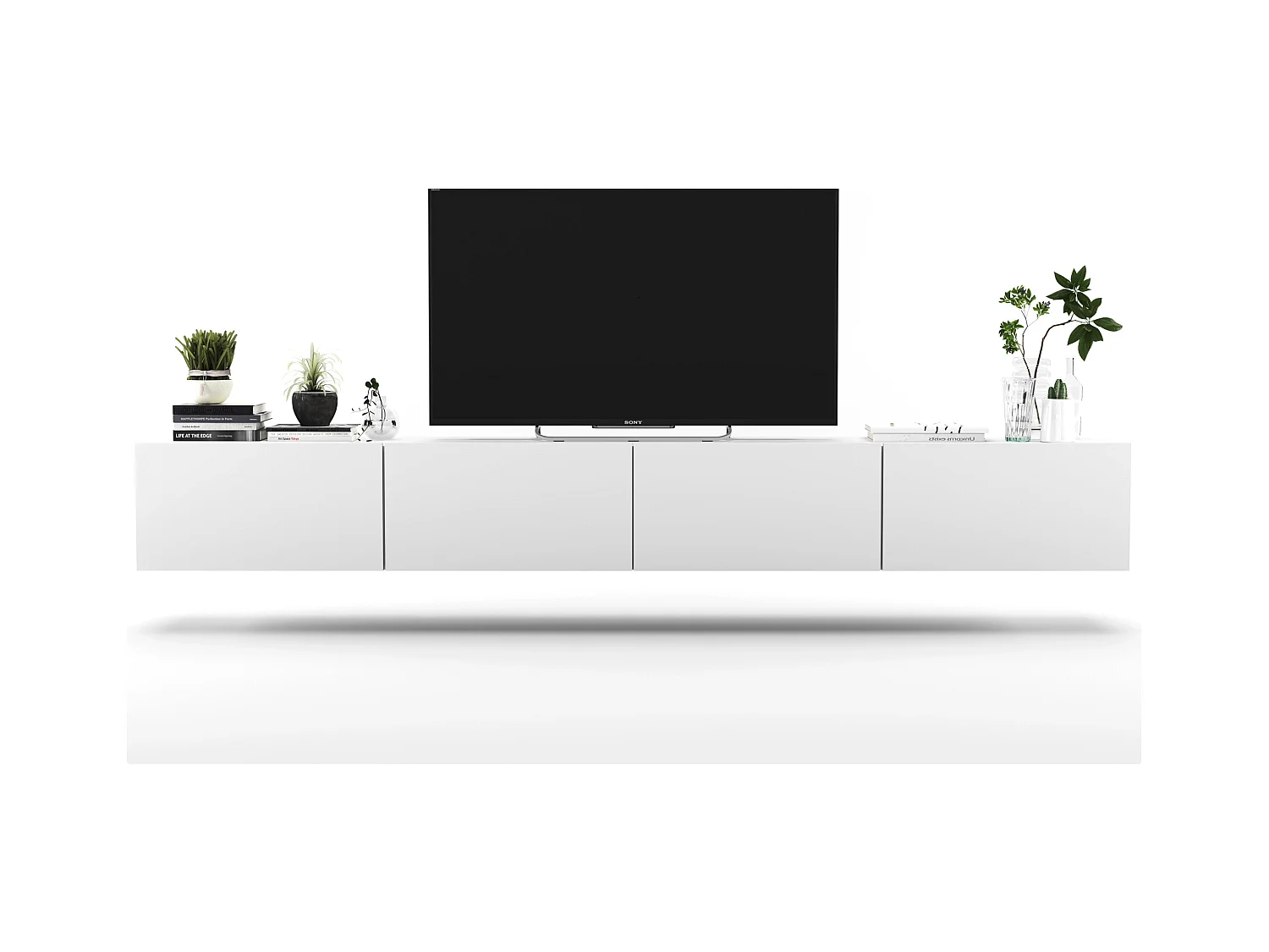 Meuble TV suspendu avec 4 portes - corps Blanc mat, façades Blanc mat - 240 cm
