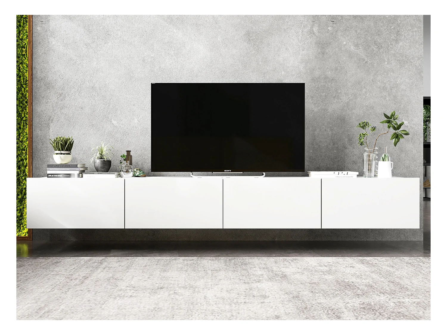 Meuble TV suspendu avec 4 portes - corps Blanc mat, façades Blanc mat - 240 cm