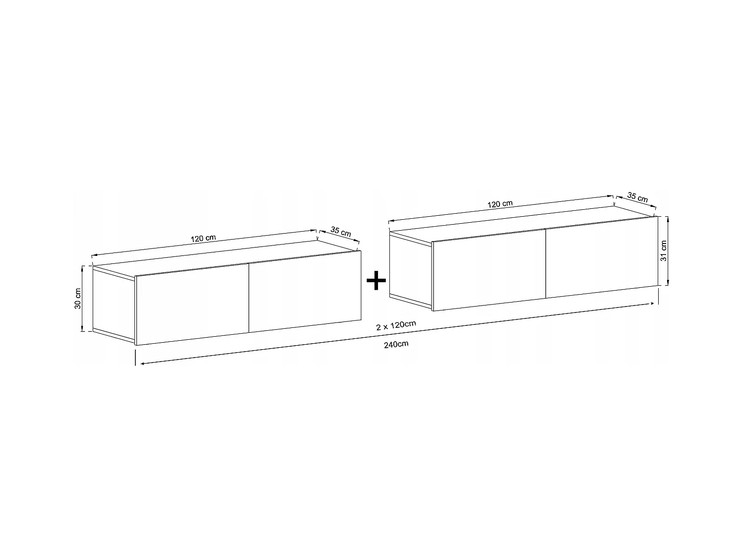 Meuble TV suspendu avec 4 portes - corps Blanc mat, façades Blanc mat - 240 cm