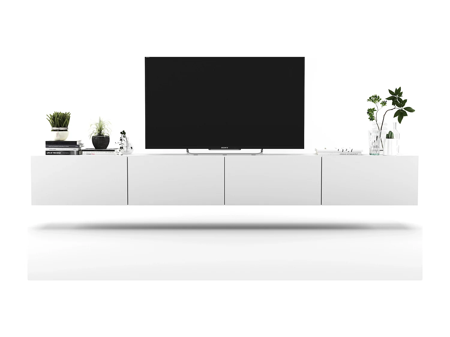 Meuble TV suspendu avec 4 portes - corps Blanc mat, façades Blanc mat - 240 cm