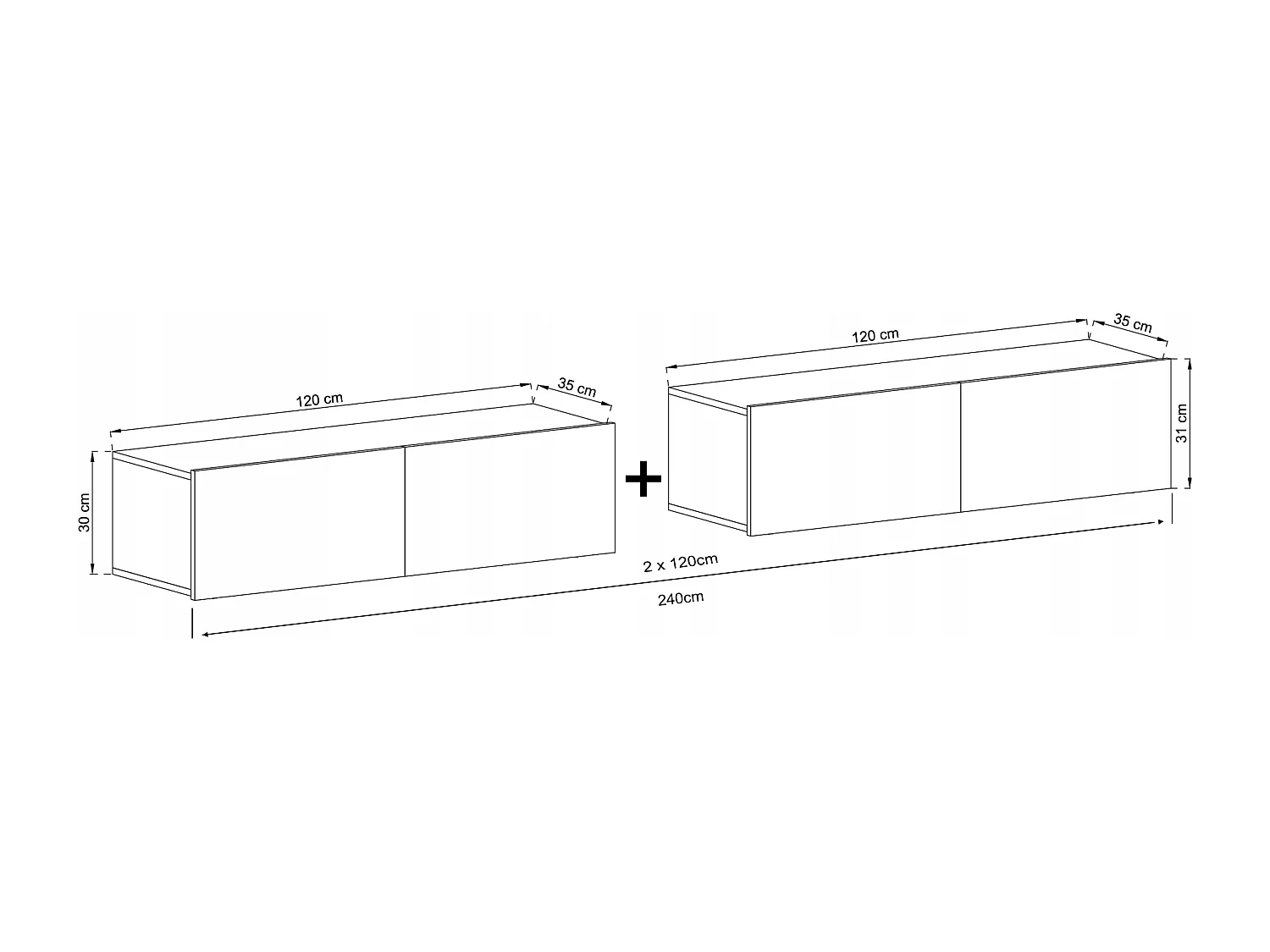 Meuble TV suspendu avec 4 portes - corps Blanc mat, façades Blanc mat - 240 cm