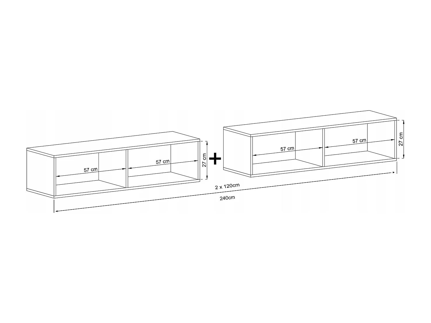 Meuble TV suspendu avec 4 portes - corps Blanc mat, façades Blanc mat - 240 cm
