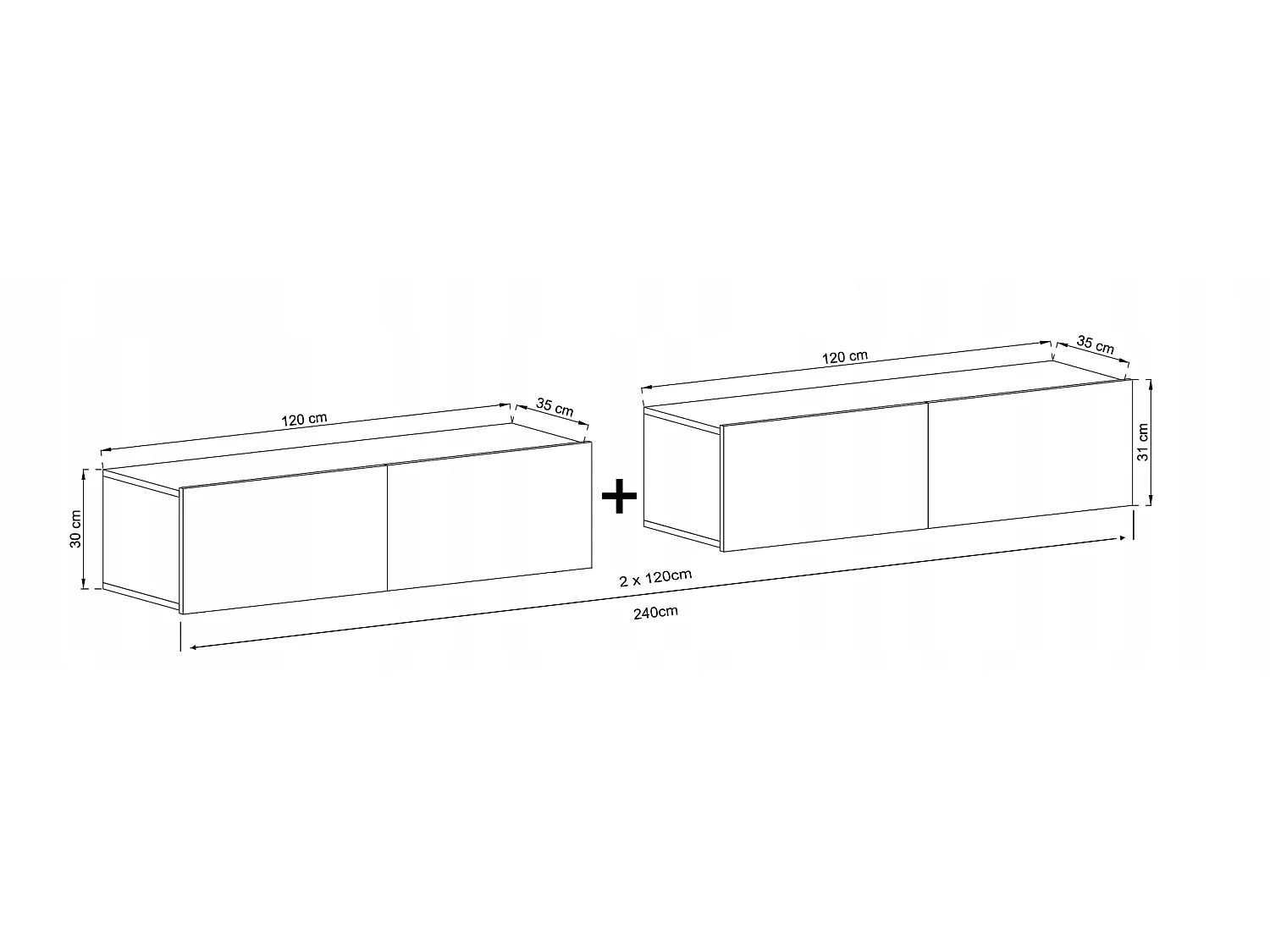 Hängendes TV-Lowboard mit 4 Türen - Korpus Weiß matt, Fronten Weiß matt - 240 cm