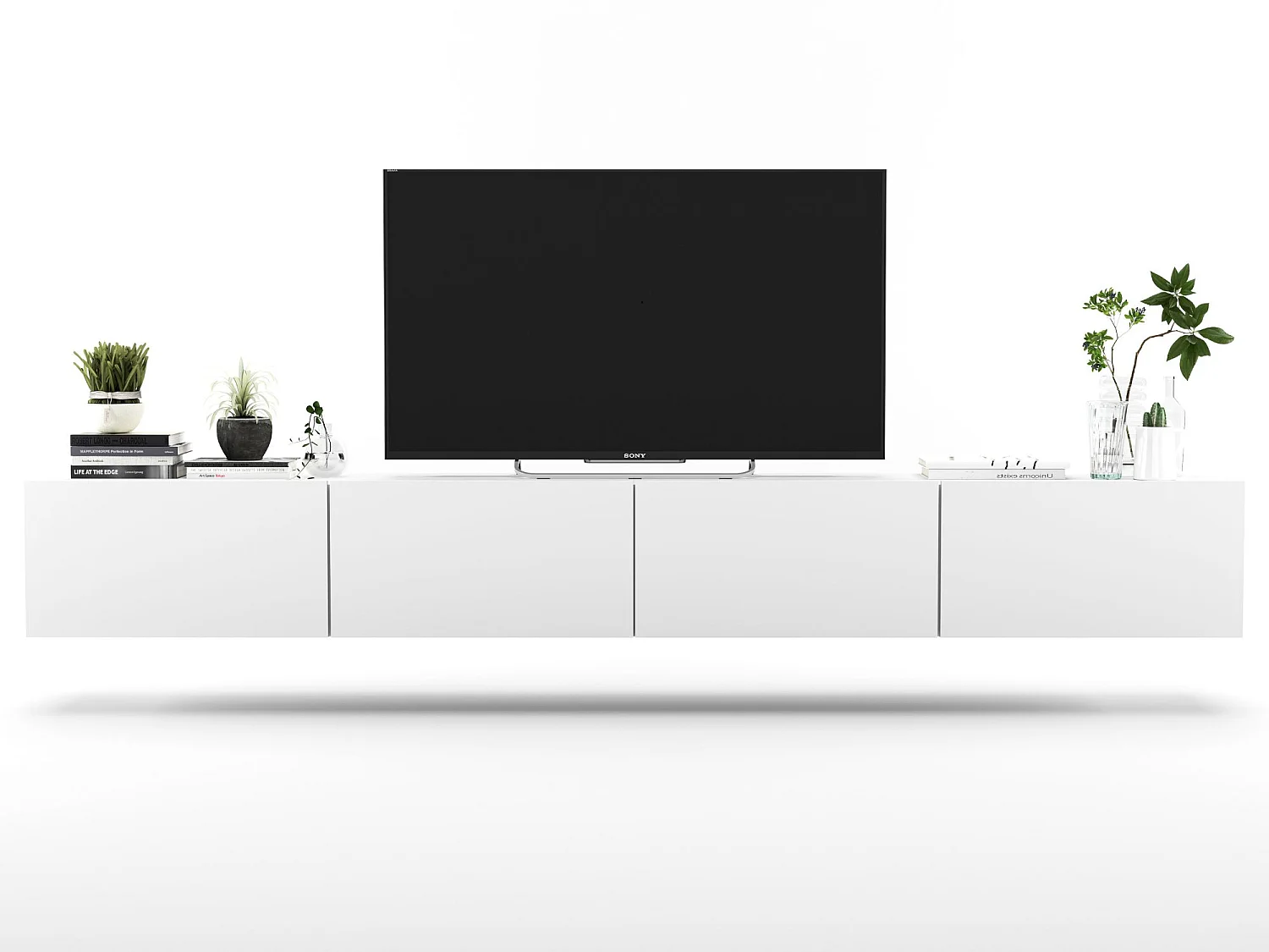 Hängendes TV-Lowboard mit 4 Türen - Korpus Weiß matt, Fronten Weiß matt - 240 cm