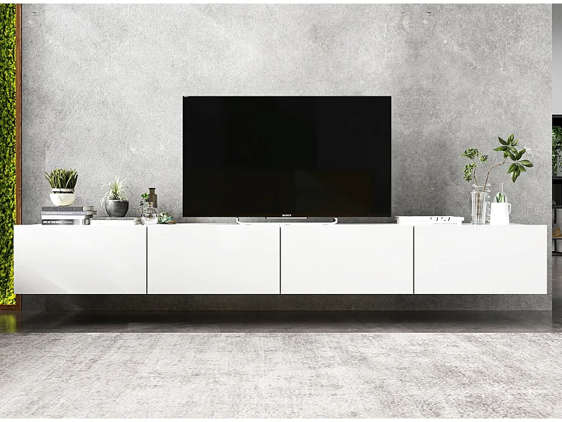 Meuble TV suspendu avec 4 portes - corps Blanc mat, façades Blanc mat - 240 cm
