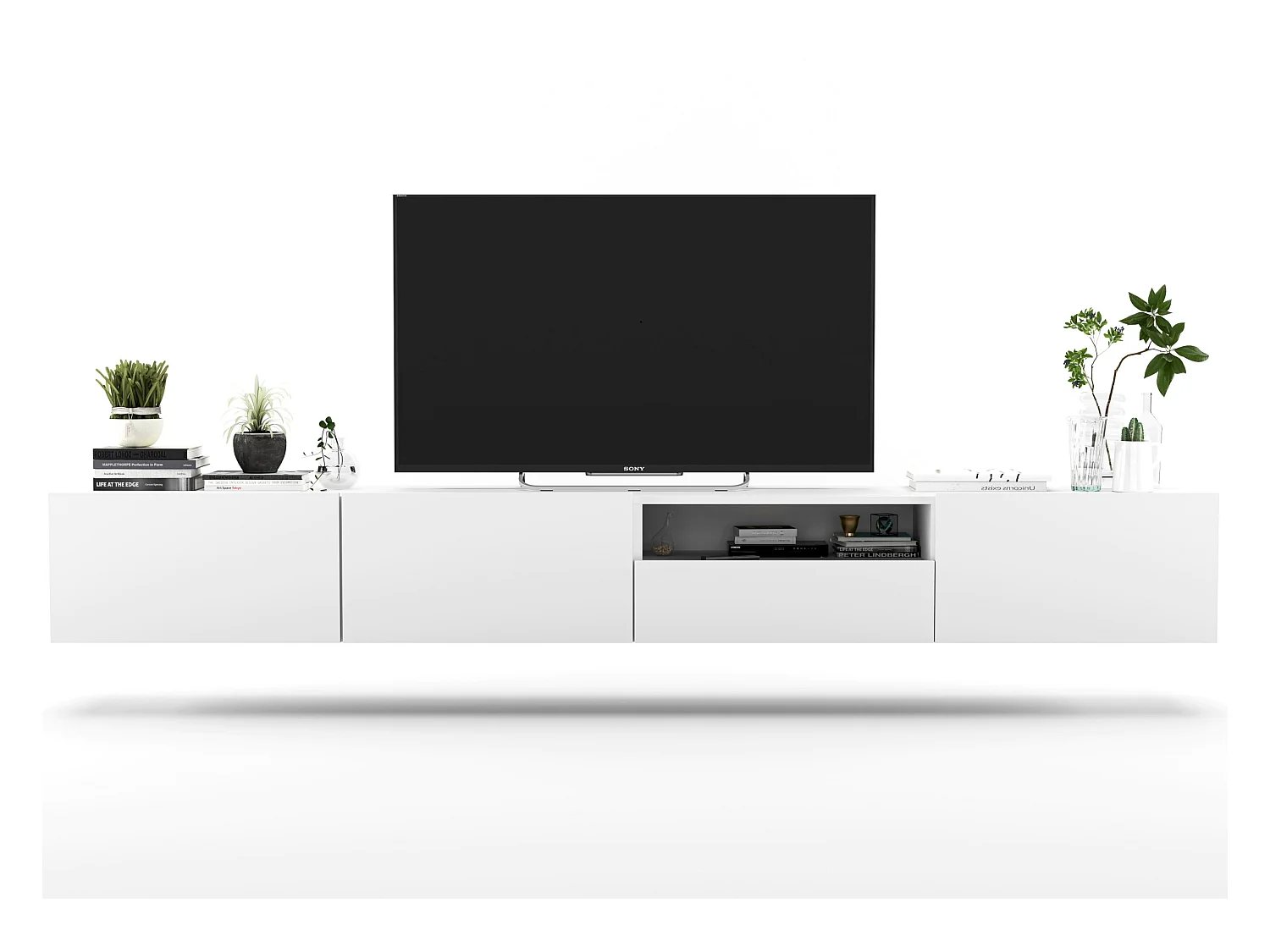 Meuble TV suspendu avec 3 portes et niche, tiroir - corps Blanc mat, façades Blanc mat - 240 cm