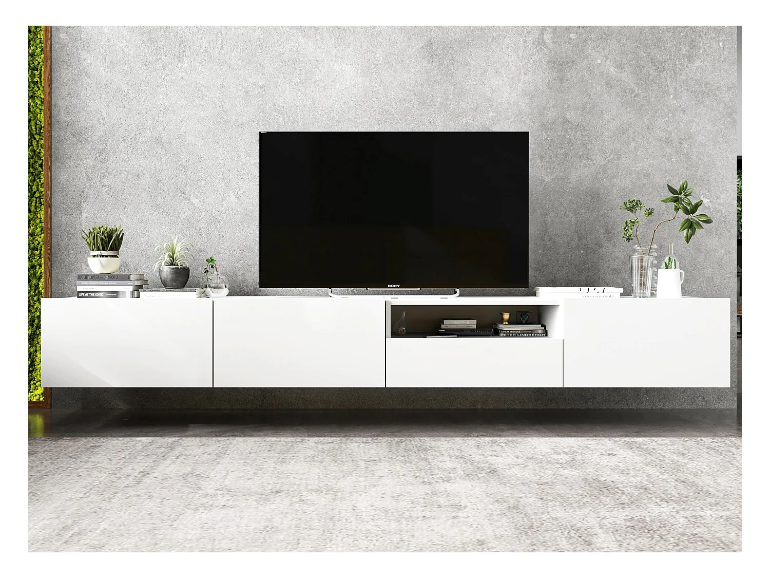 Meuble TV suspendu avec 3 portes et niche, tiroir - corps Blanc mat, façades Blanc mat - 240 cm