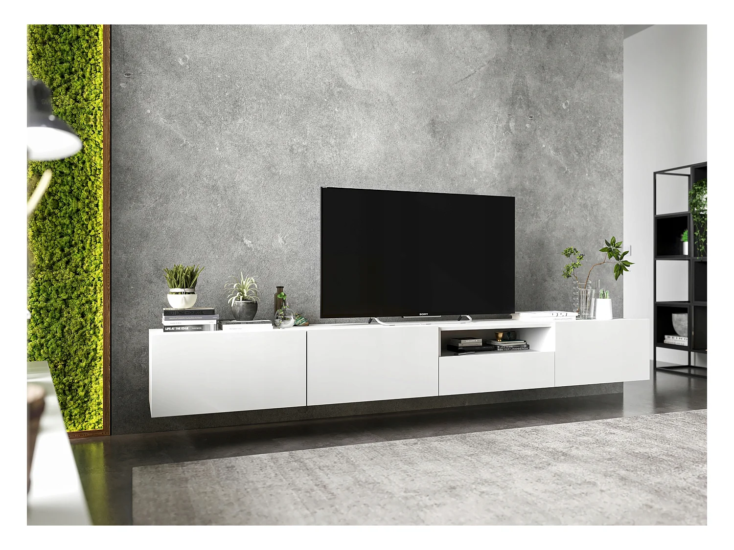 Meuble TV suspendu avec 3 portes et niche, tiroir - corps Blanc mat, façades Blanc mat - 240 cm