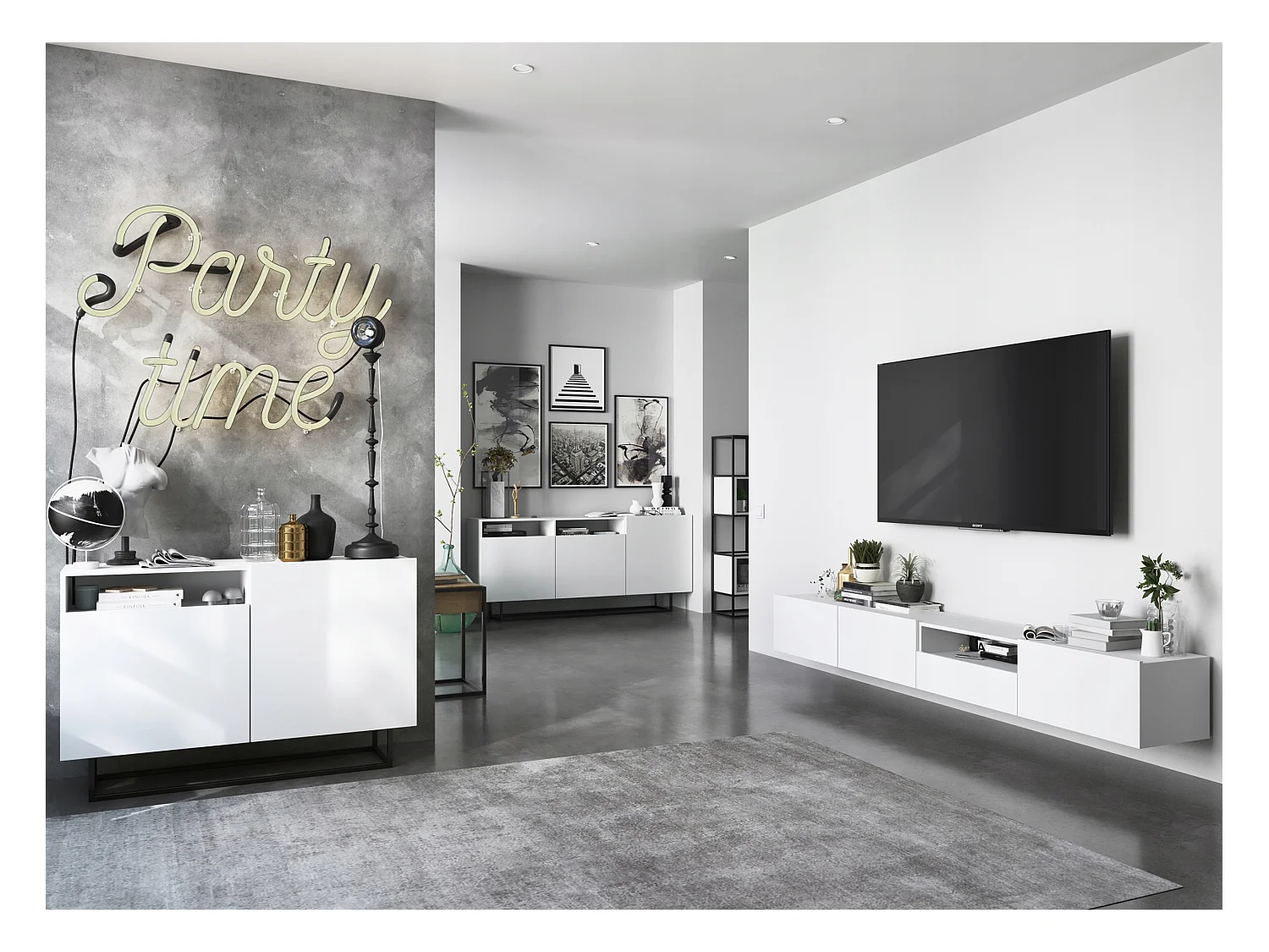 Meuble TV suspendu avec 3 portes et niche, tiroir - corps Blanc mat, façades Blanc mat - 240 cm