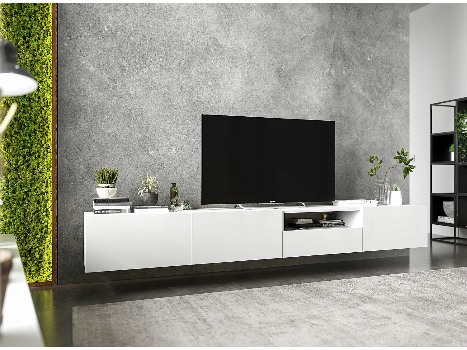 Meuble TV suspendu avec 3 portes et niche, tiroir - corps Blanc mat, façades Blanc mat - 240 cm