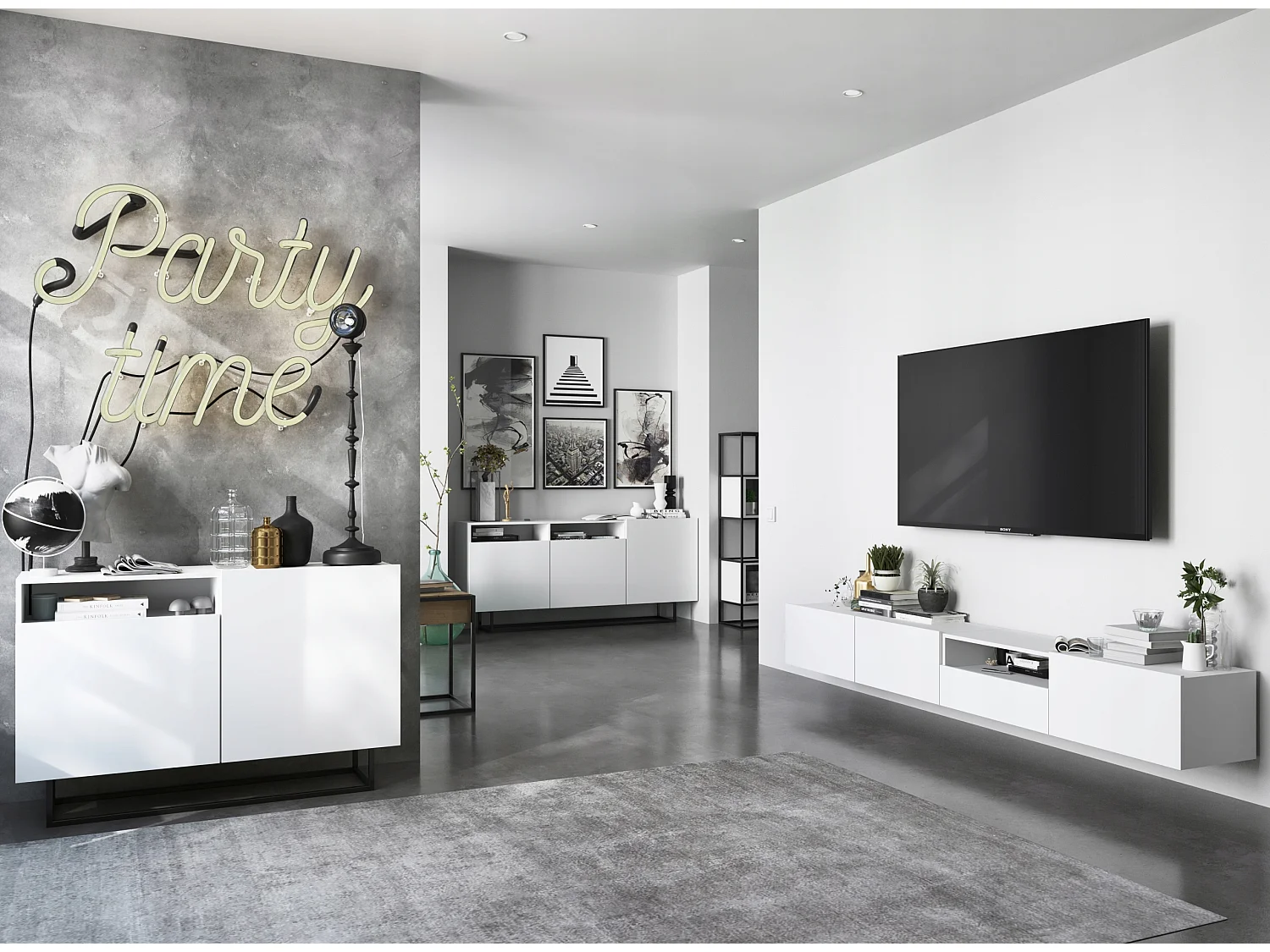 Móvel de TV suspenso com 3 portas e nicho, gaveta - estrutura branco mate, frentes branco mate - 240 cm