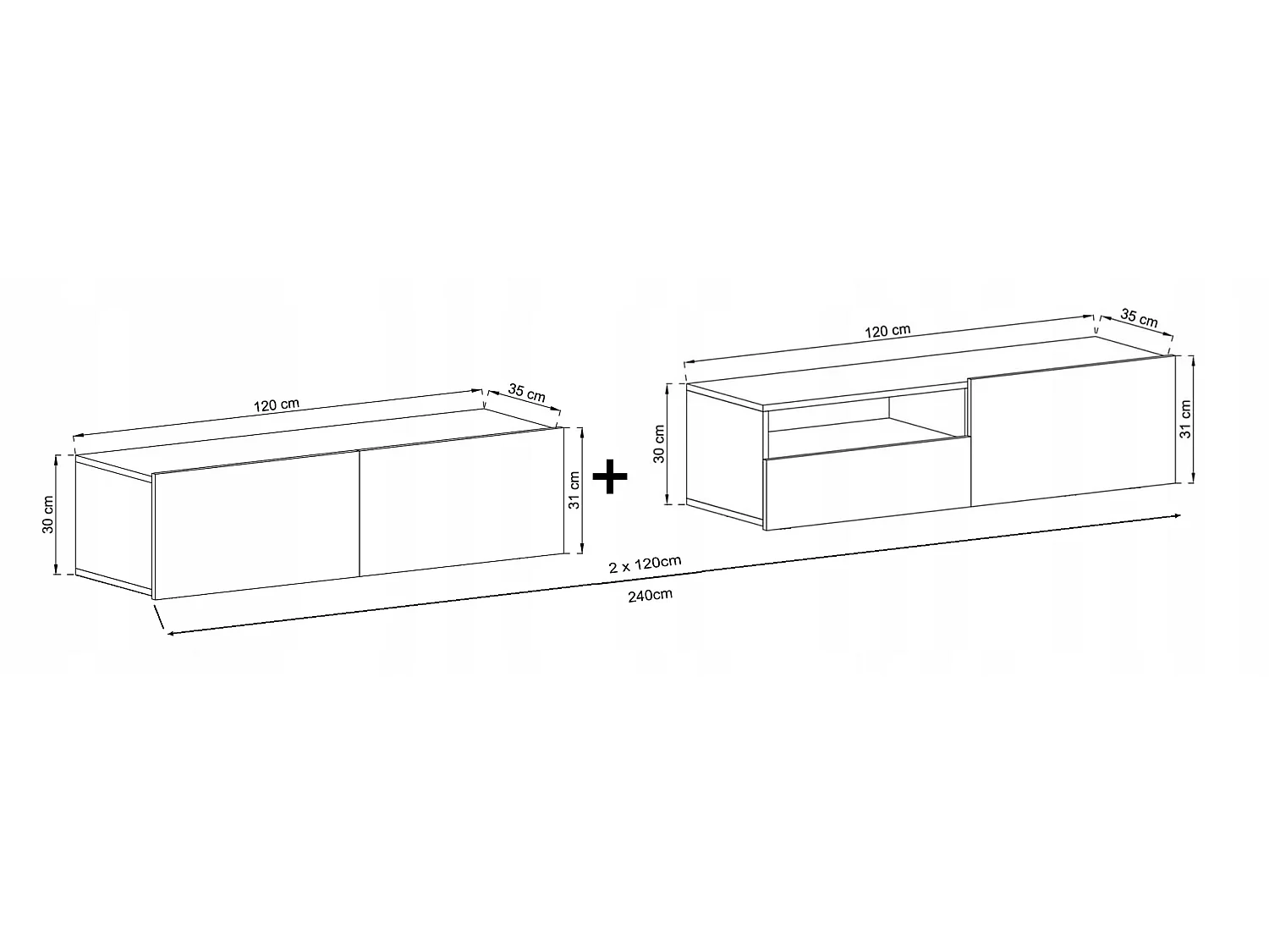 Móvel de TV suspenso com 3 portas e nicho, gaveta - estrutura branco mate, frentes branco mate - 240 cm