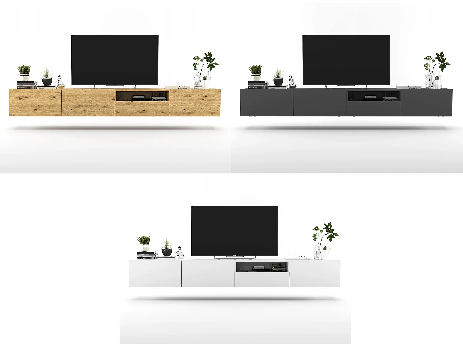 Móvel de TV suspenso com 3 portas e nicho, gaveta - estrutura branco mate, frentes branco mate - 240 cm