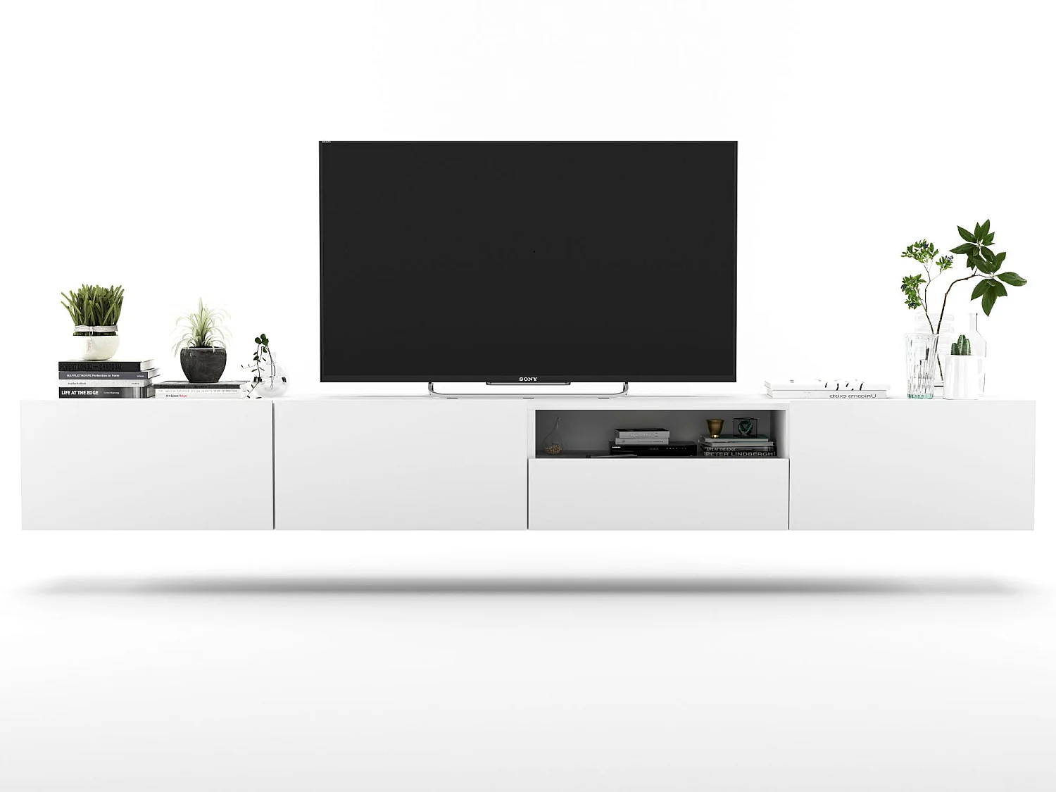 Móvel de TV suspenso com 3 portas e nicho, gaveta - estrutura branco mate, frentes branco mate - 240 cm