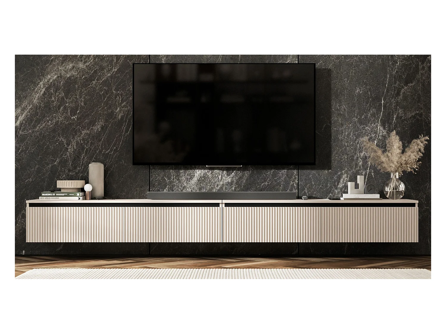 Meuble TV suspendu avec 4 portes - Corps Cachemire mat, façades rainurées Cachemire mat - 280 cm