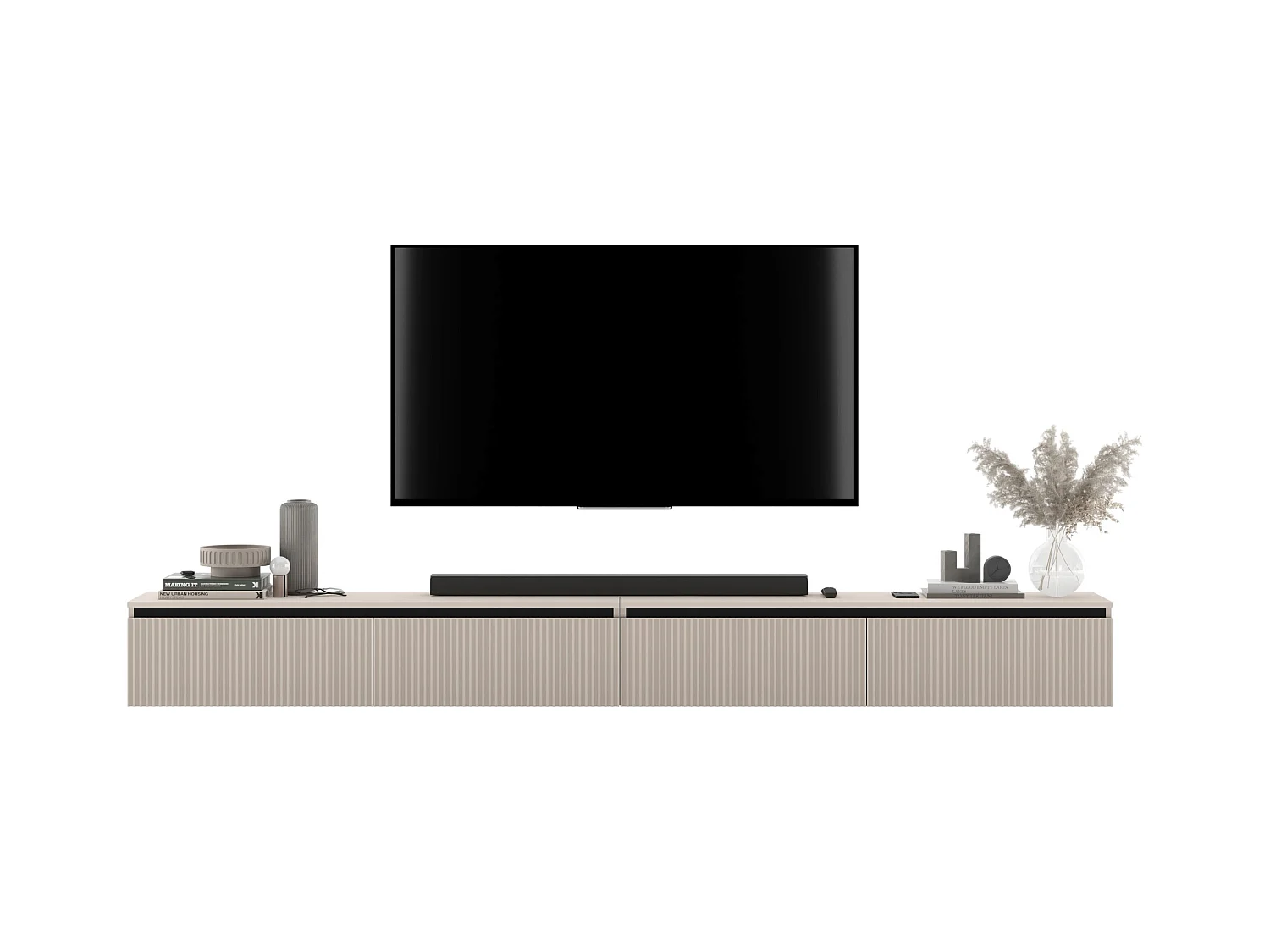 Meuble TV suspendu avec 4 portes - Corps Cachemire mat, façades rainurées Cachemire mat - 280 cm