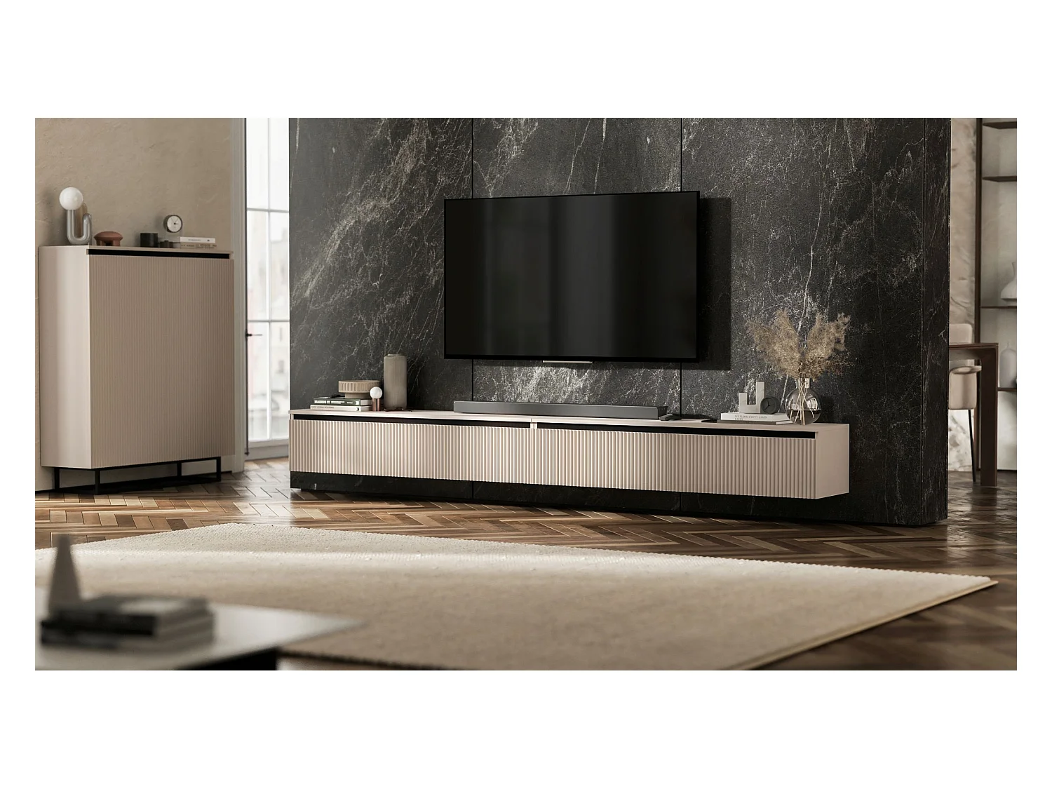 Meuble TV suspendu avec 4 portes - Corps Cachemire mat, façades rainurées Cachemire mat - 280 cm