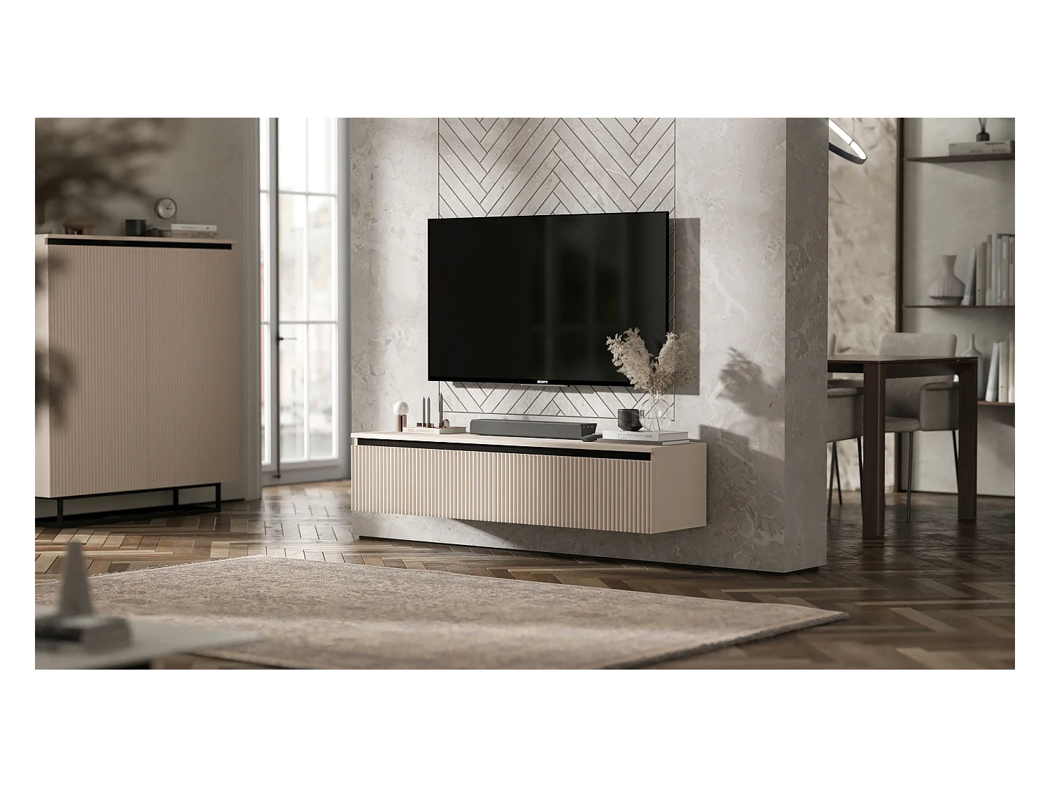 Meuble TV suspendu avec 4 portes - Corps Cachemire mat, façades rainurées Cachemire mat - 280 cm