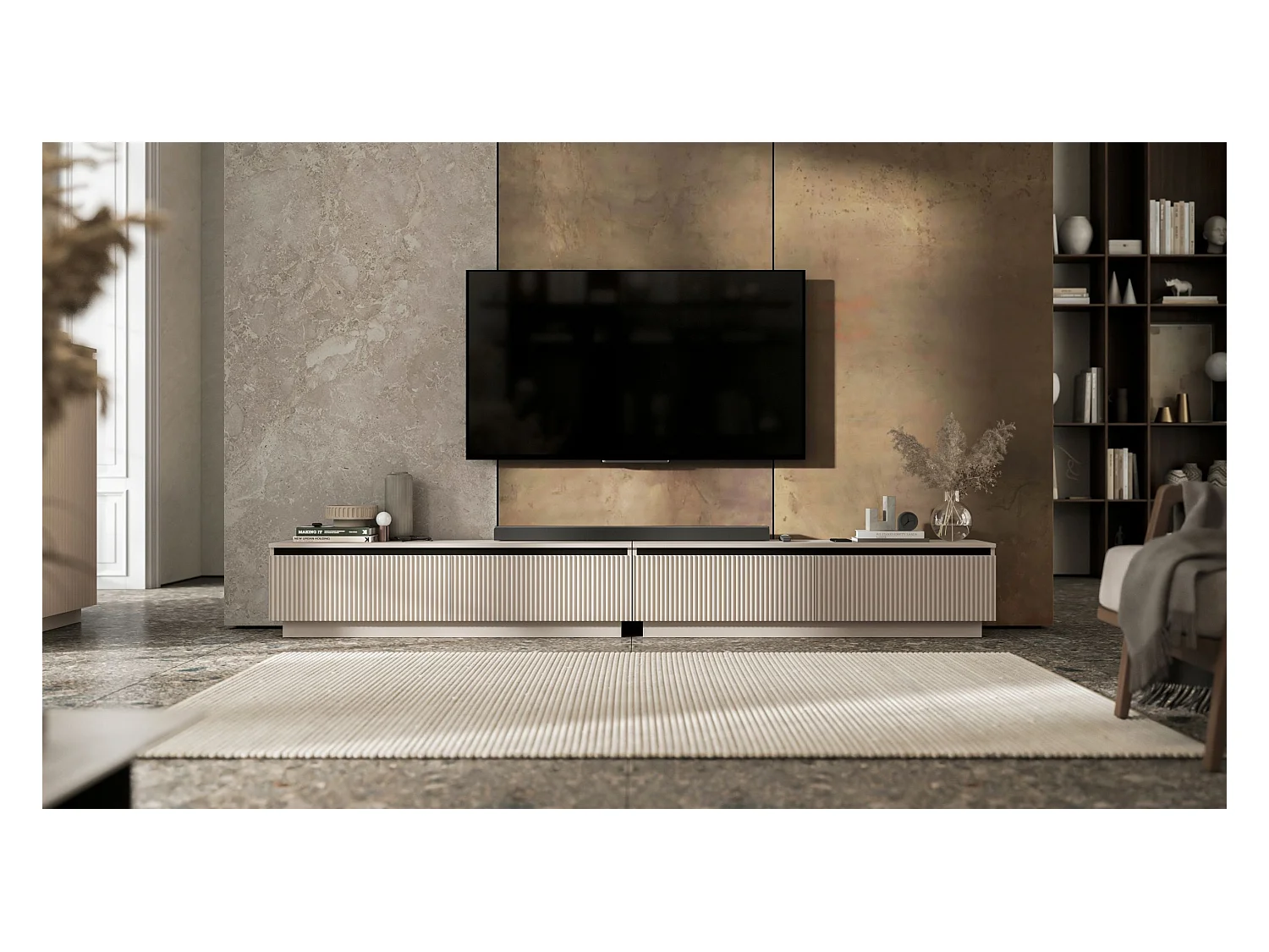 Meuble TV suspendu avec 4 portes - Corps Cachemire mat, façades rainurées Cachemire mat - 280 cm