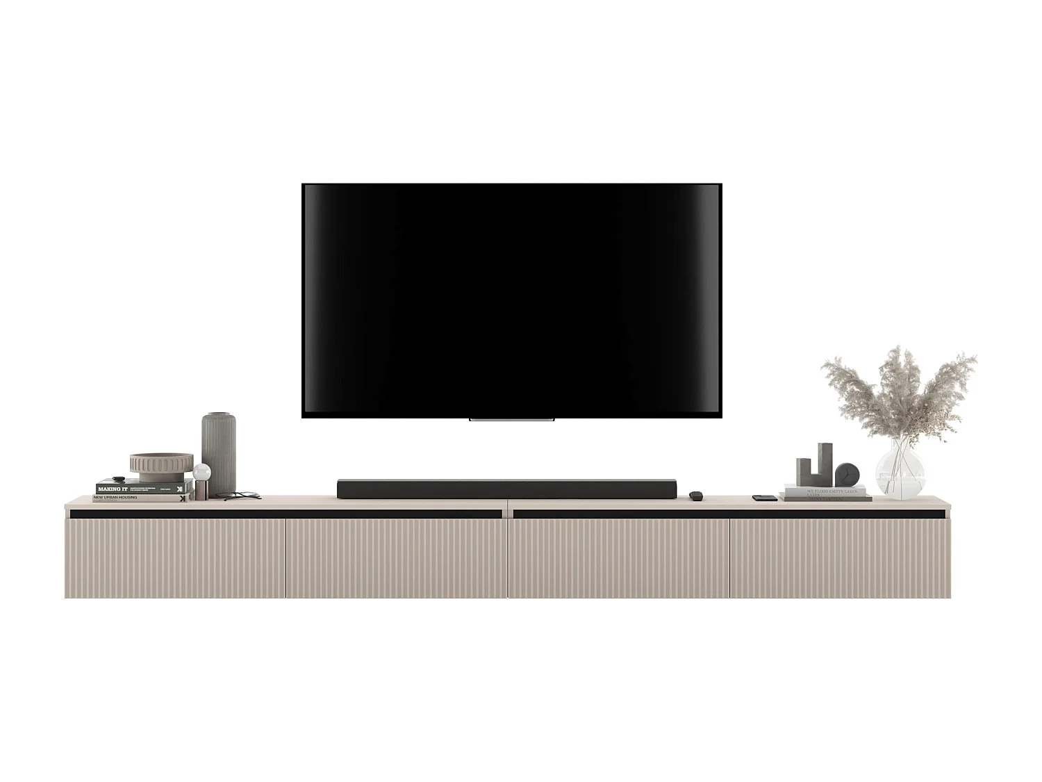 Meuble TV suspendu avec 4 portes - Corps Cachemire mat, façades rainurées Cachemire mat - 280 cm