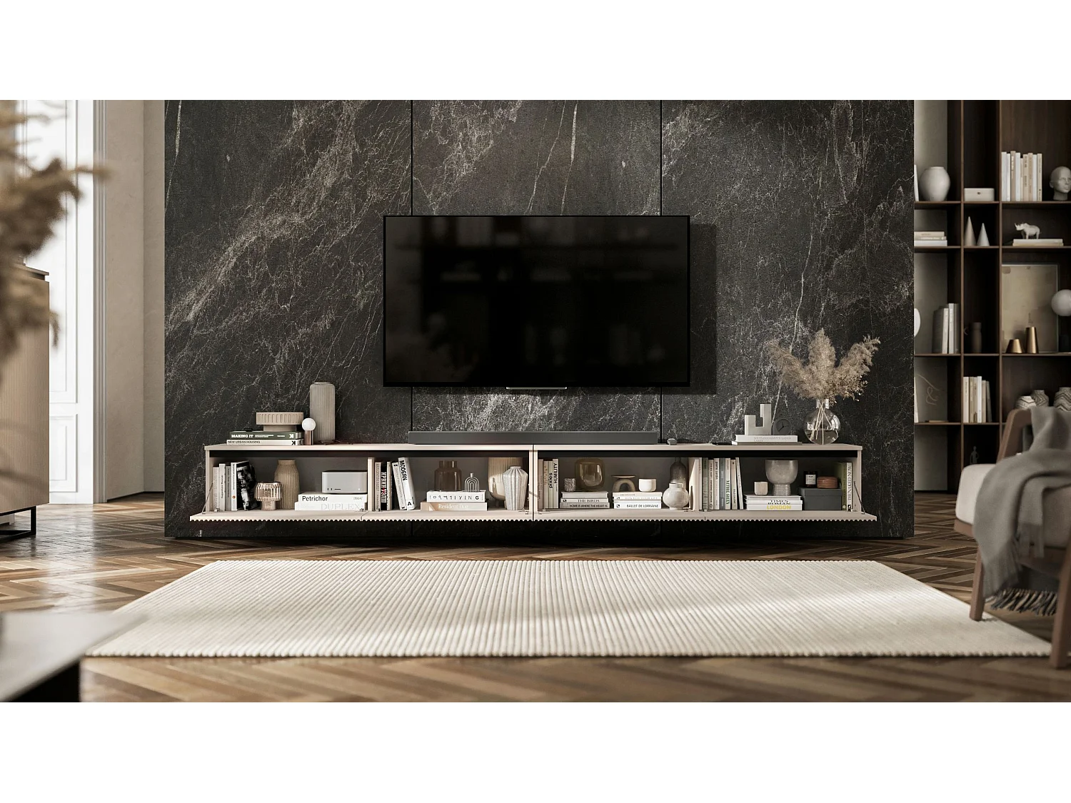 Meuble TV suspendu avec 4 portes - Corps Cachemire mat, façades rainurées Cachemire mat - 280 cm