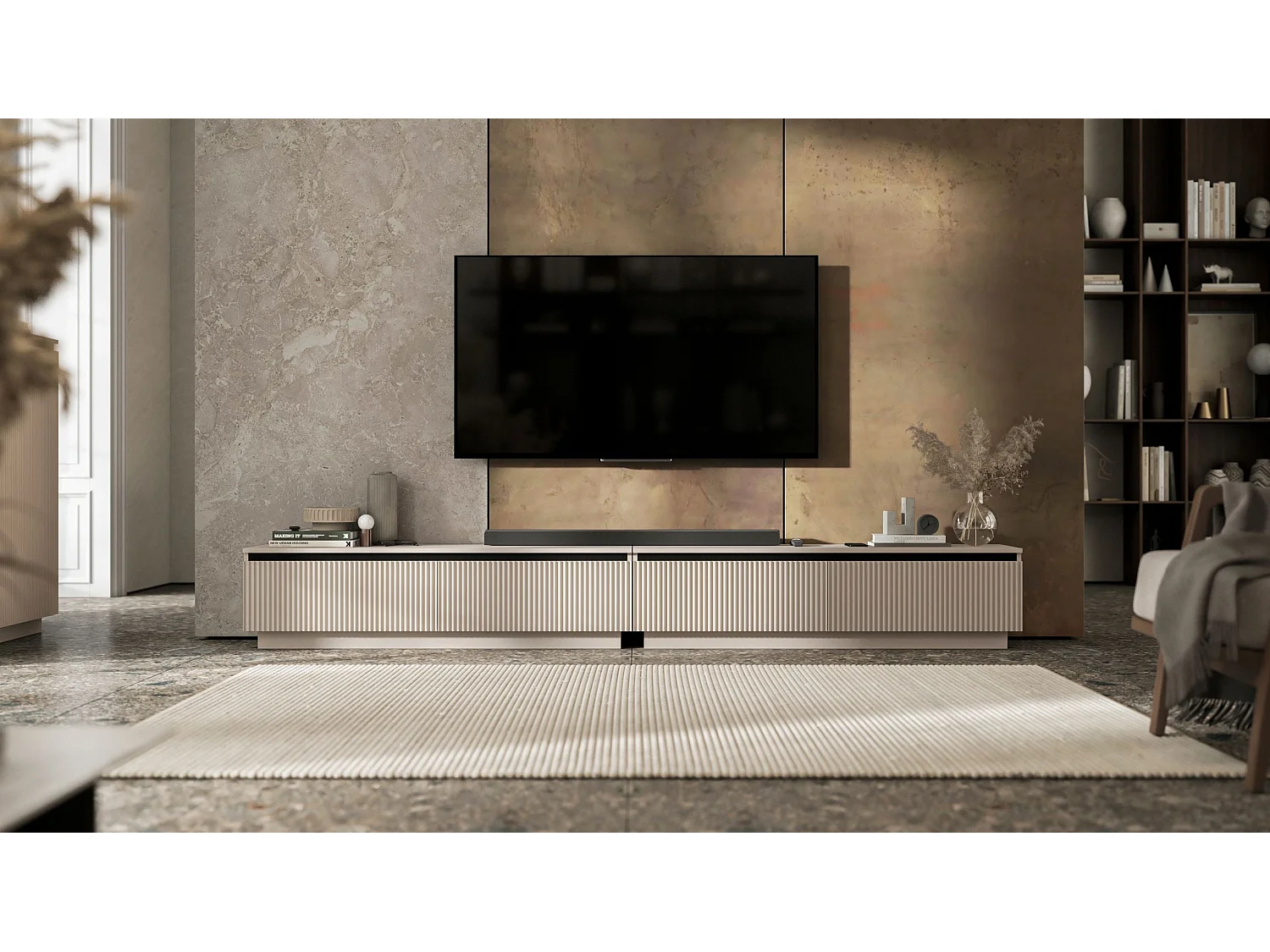 Meuble TV suspendu avec 4 portes - Corps Cachemire mat, façades rainurées Cachemire mat - 280 cm