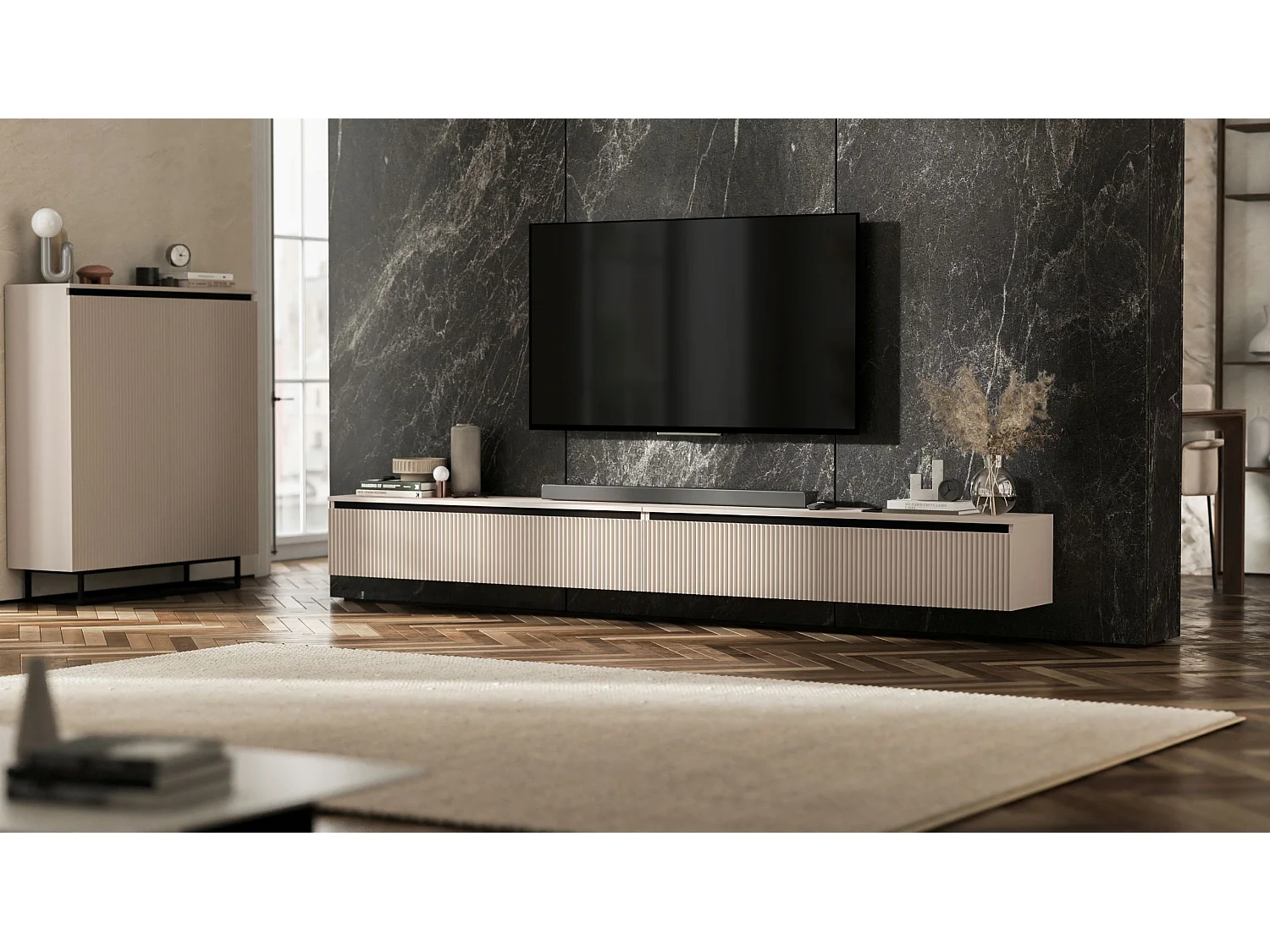 Meuble TV suspendu avec 4 portes - Corps Cachemire mat, façades rainurées Cachemire mat - 240 cm