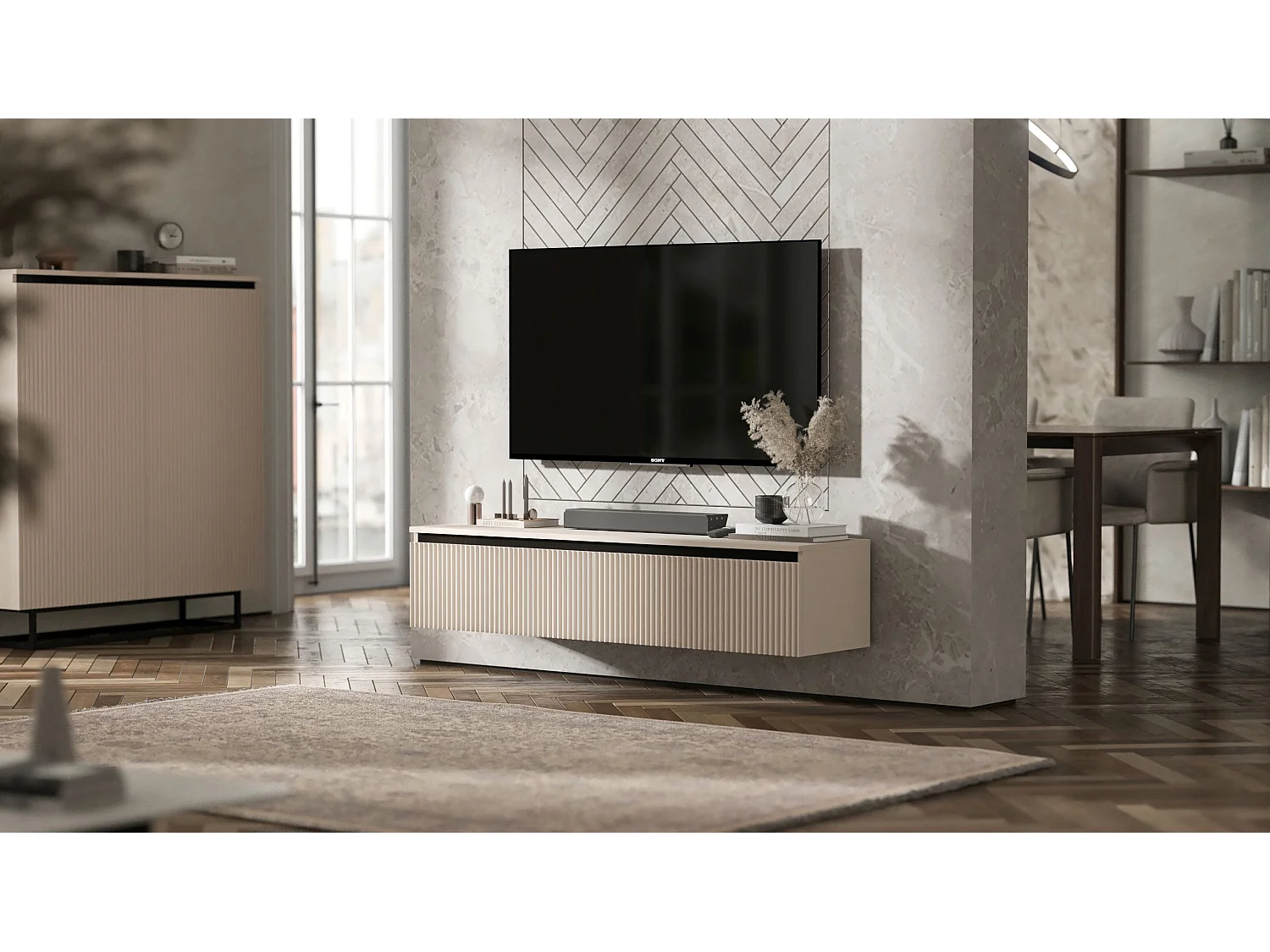 Meuble TV suspendu avec 4 portes - Corps Cachemire mat, façades rainurées Cachemire mat - 240 cm