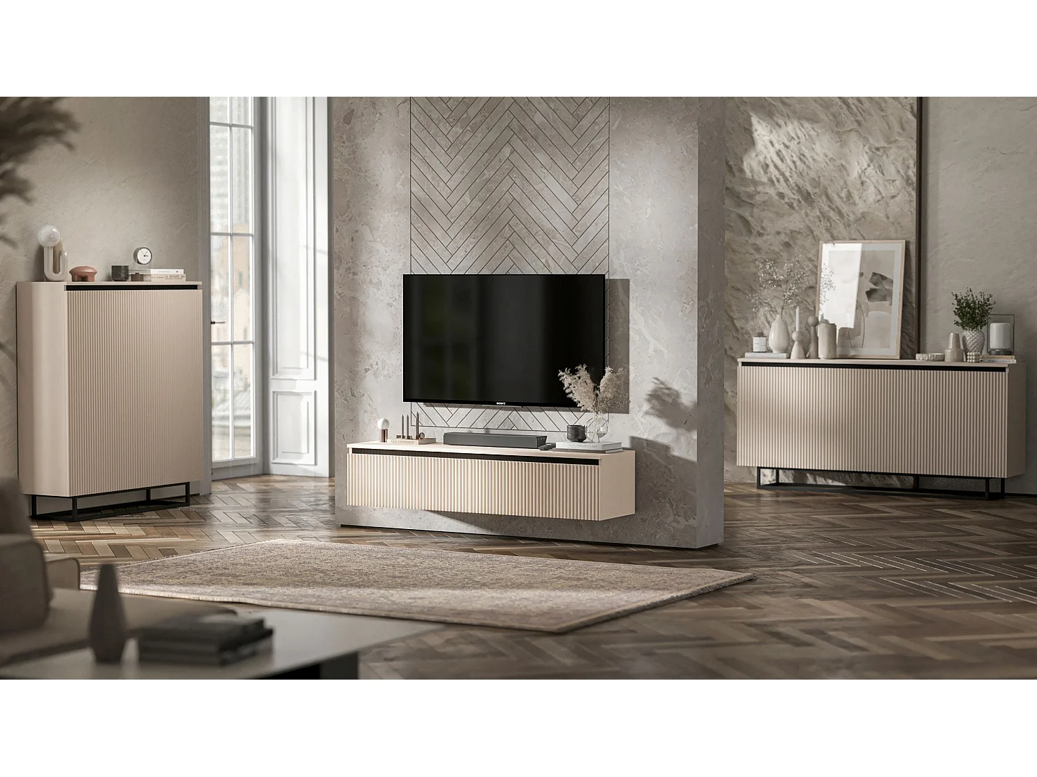 Meuble TV suspendu avec 4 portes - Corps Cachemire mat, façades rainurées Cachemire mat - 240 cm