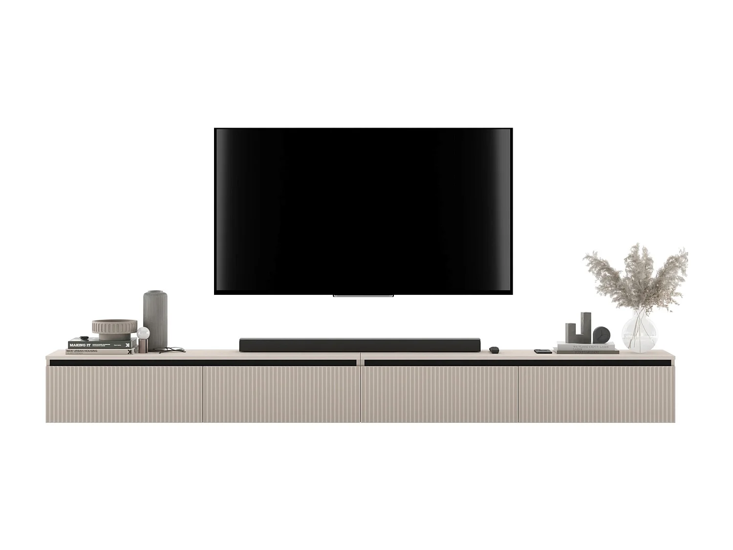 Meuble TV suspendu avec 4 portes - Corps Cachemire mat, façades rainurées Cachemire mat - 240 cm