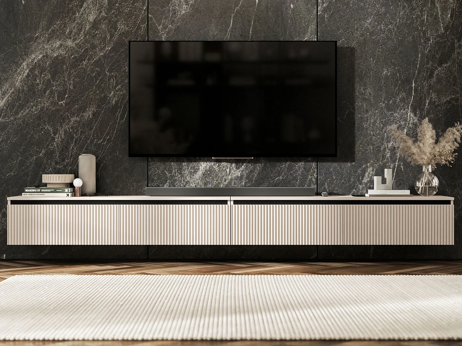 Meuble TV suspendu avec 4 portes - Corps Cachemire mat, façades rainurées Cachemire mat - 240 cm