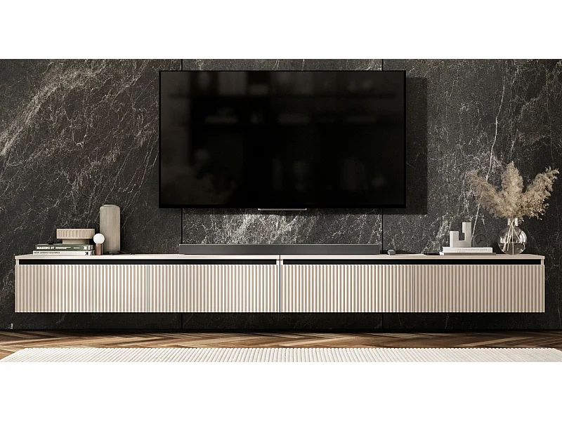 Meuble TV suspendu avec 4 portes - Corps Cachemire mat, façades rainurées Cachemire mat - 240 cm