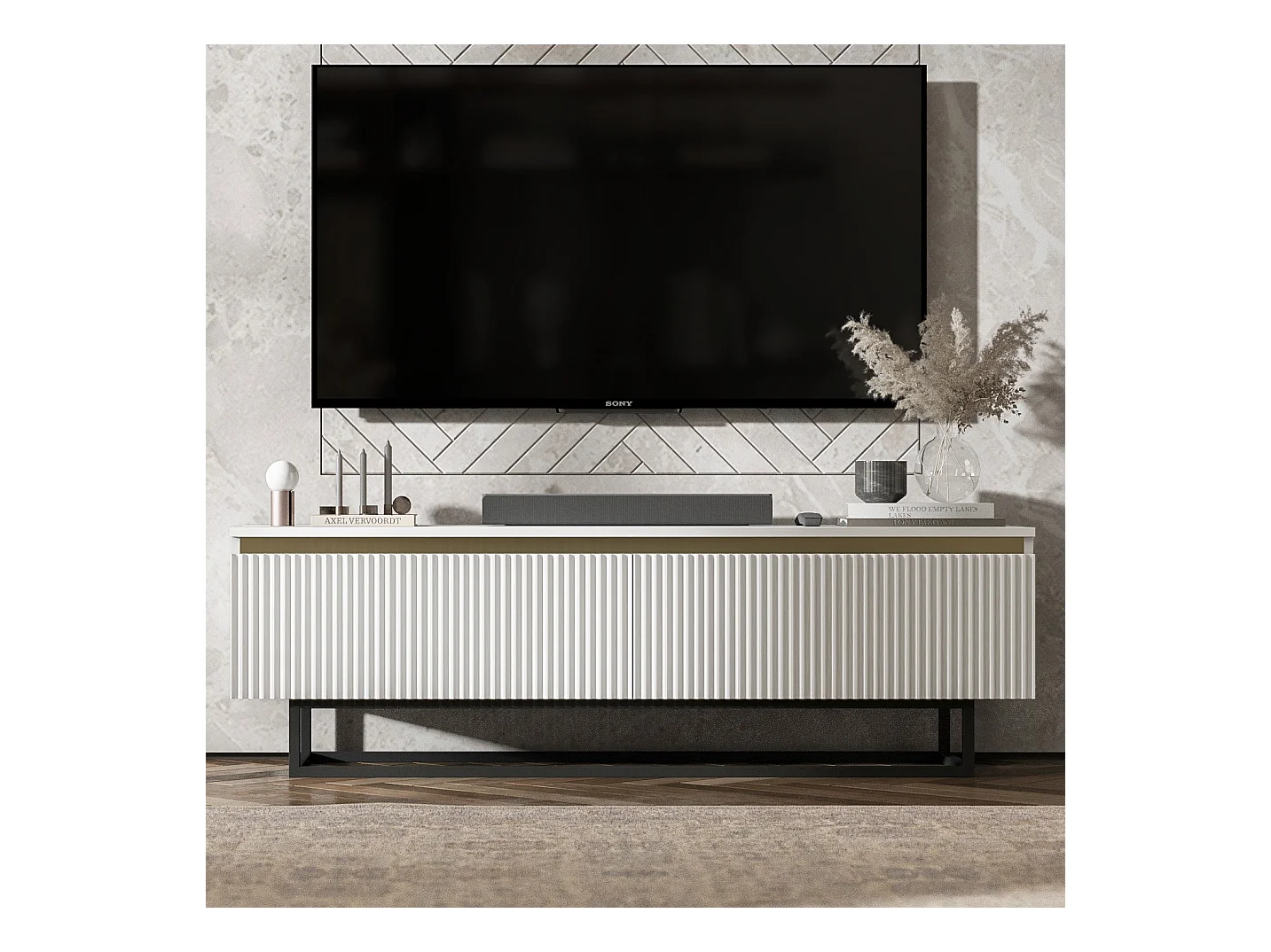 Meuble TV avec 2 portes - Corps Blanc mat, façades rainurées Blanc mat - 140 cm, Cadre en métal noir