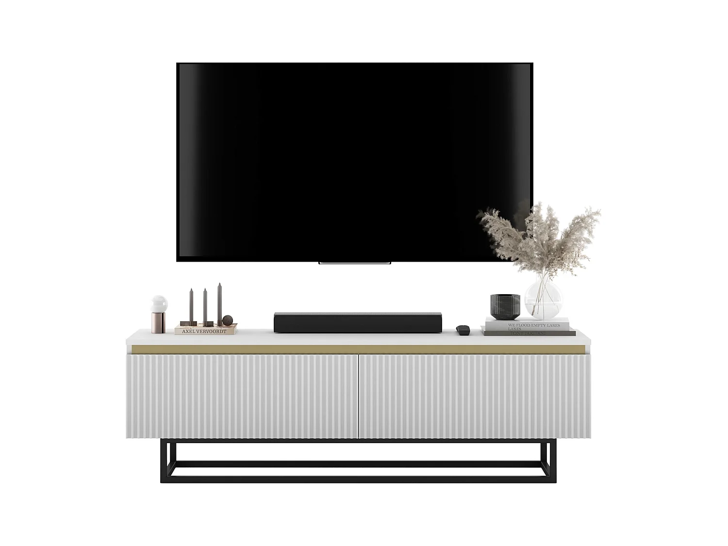 Meuble TV avec 2 portes - Corps Blanc mat, façades rainurées Blanc mat - 140 cm, Cadre en métal noir