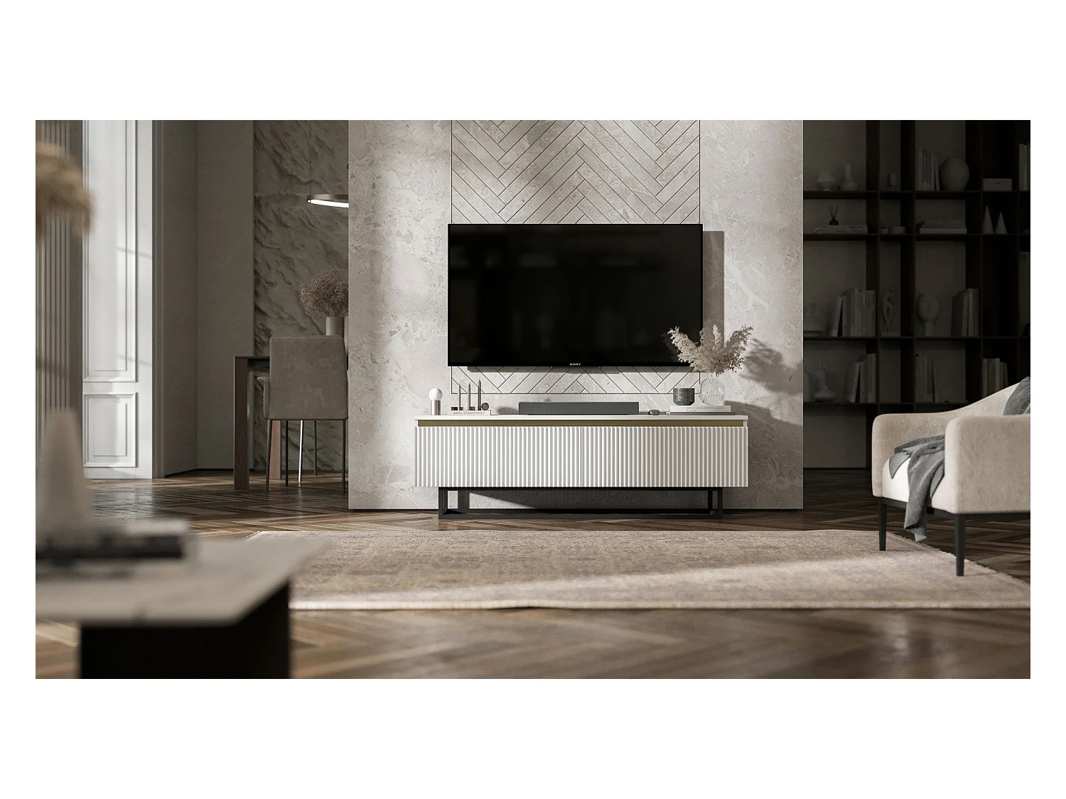 Meuble TV avec 2 portes - Corps Blanc mat, façades rainurées Blanc mat - 140 cm, Cadre en métal noir