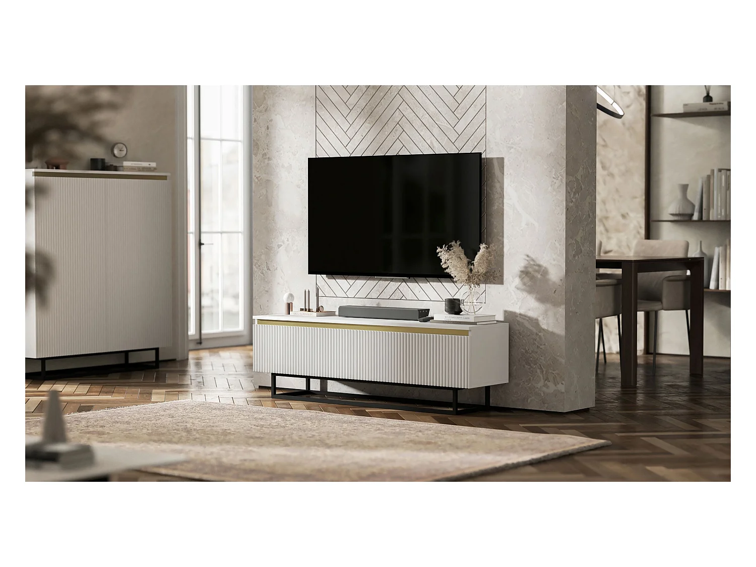 Meuble TV avec 2 portes - Corps Blanc mat, façades rainurées Blanc mat - 140 cm, Cadre en métal noir