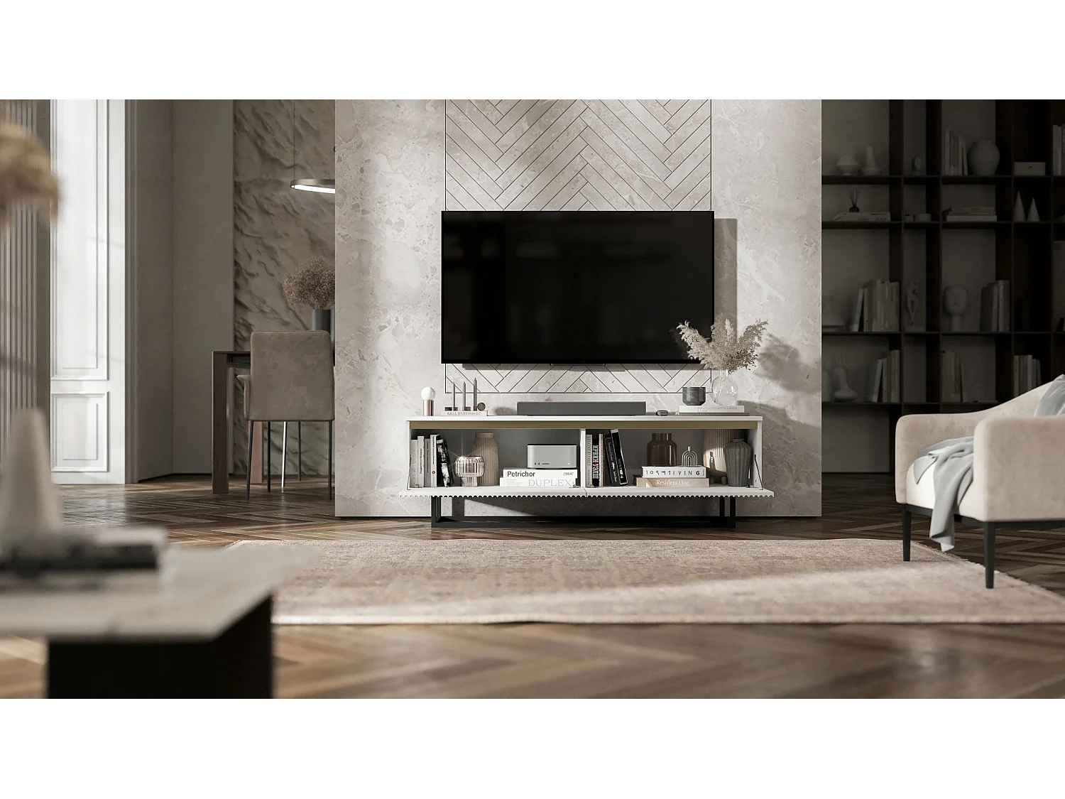 Meuble TV avec 2 portes - Corps Blanc mat, façades rainurées Blanc mat - 140 cm, Cadre en métal noir