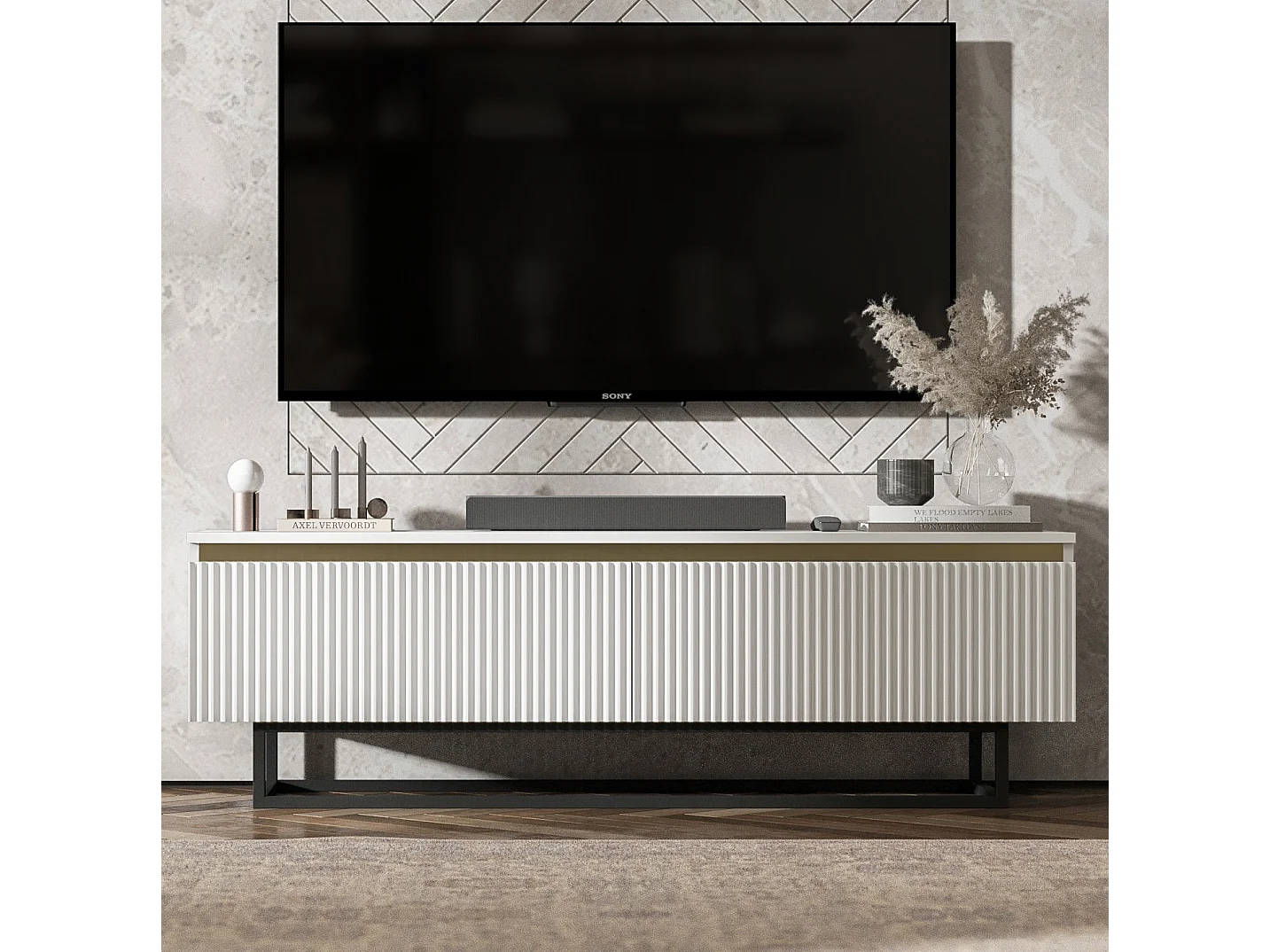 Meuble TV avec 2 portes - Corps Blanc mat, façades rainurées Blanc mat - 140 cm, Cadre en métal noir