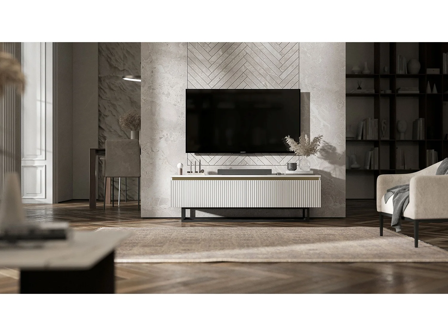 Meuble TV avec 2 portes - Corps Blanc mat, façades rainurées Blanc mat - 140 cm, Cadre en métal noir