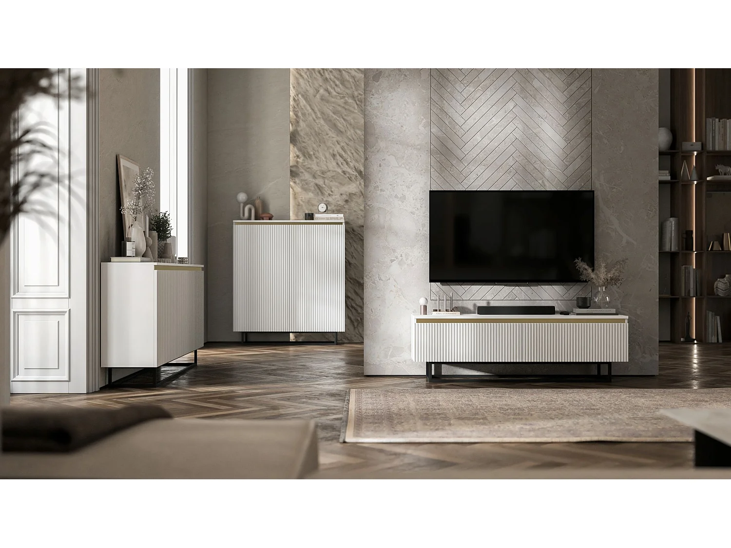 Meuble TV avec 2 portes - Corps Blanc mat, façades rainurées Blanc mat - 140 cm, Cadre en métal noir