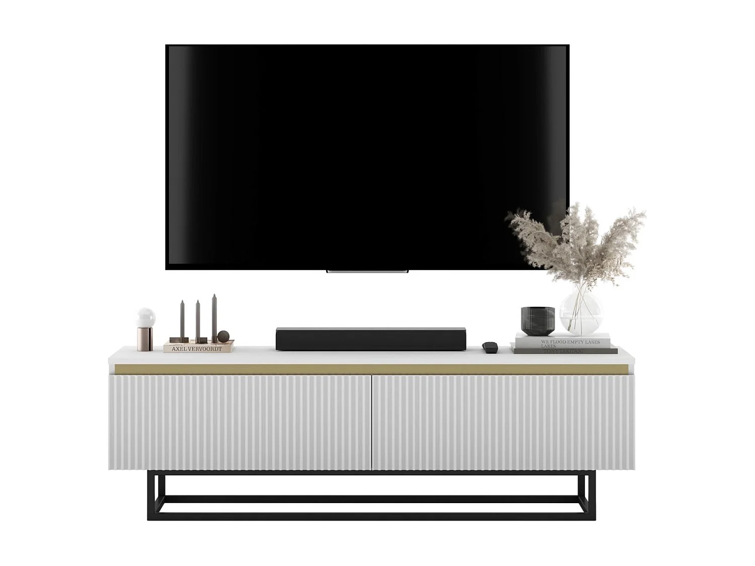 Meuble TV avec 2 portes - Corps Blanc mat, façades rainurées Blanc mat - 140 cm, Cadre en métal noir