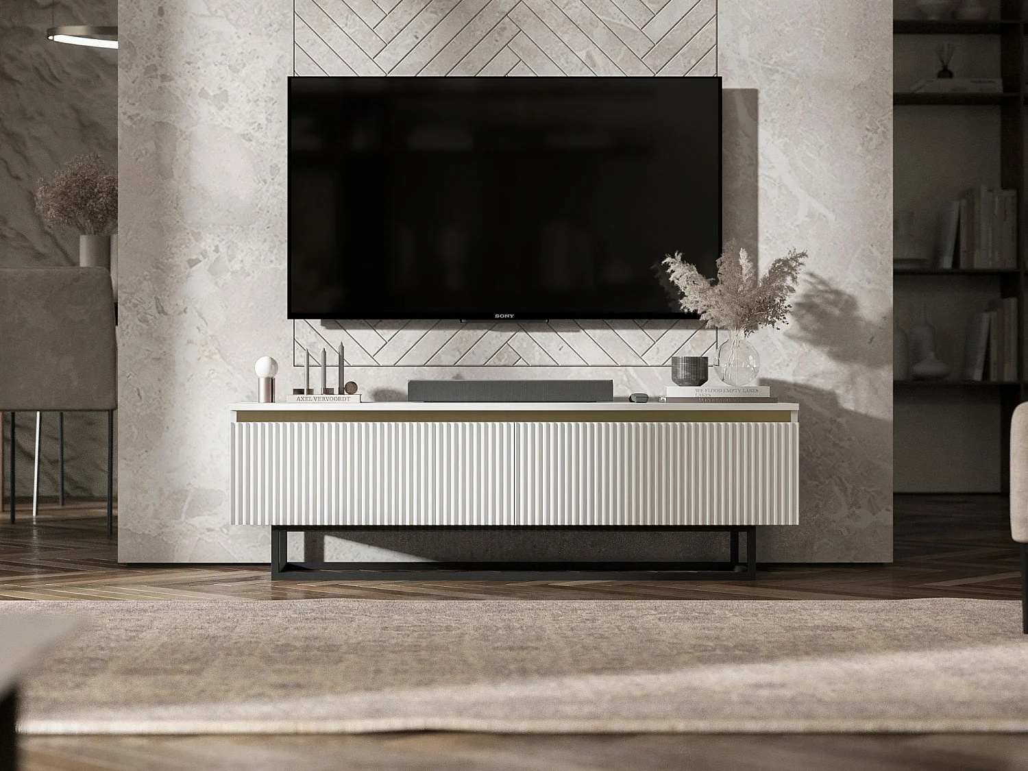 Meuble TV avec 2 portes - Corps Blanc mat, façades rainurées Blanc mat - 140 cm, Cadre en métal noir